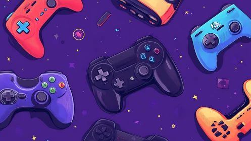Colorful game controllers on purple background pattern.