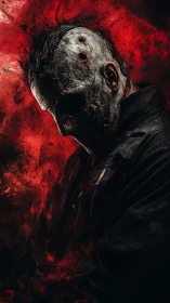 Bloodlit mask of the fallen specter in erupting crimson storm.