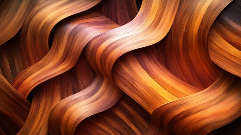 Interwoven ribbon woodgrain waves in warm gradient lighting