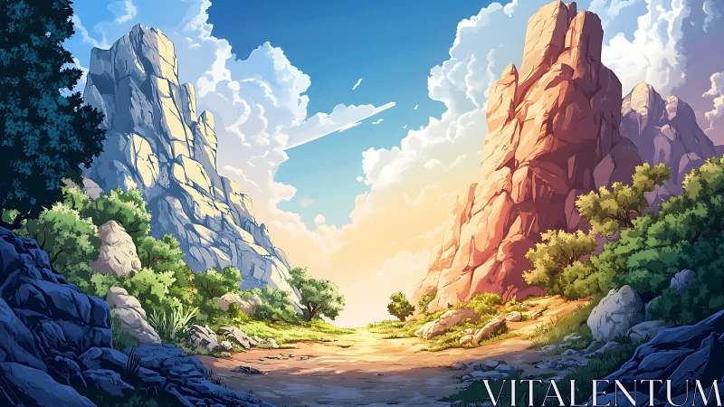 Sunlit mountain pass invites a peaceful, storybook journey