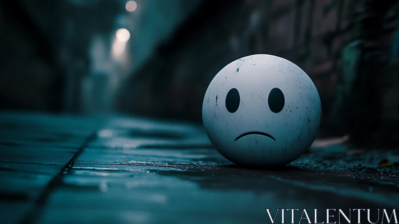 Sad face ball on wet urban alleyway pavement at night.