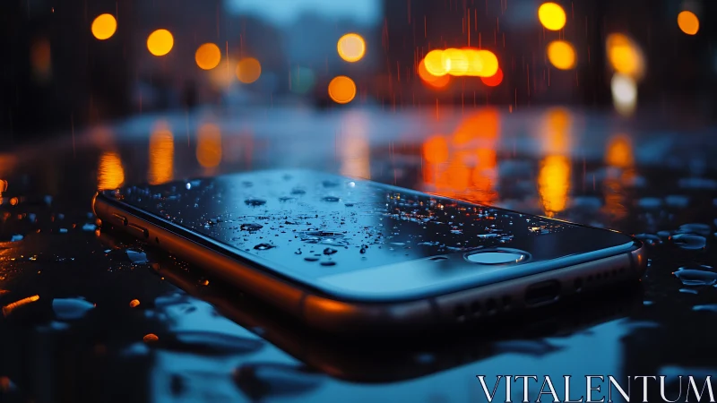 Forgotten phone resting in neon reflections and soft rain.