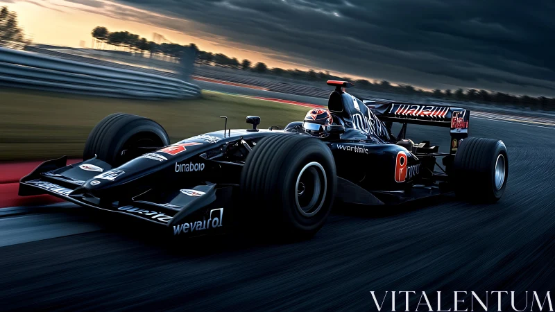 Black Formula race car accelerates through fast circuit corner
