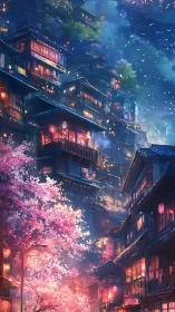 Multi-level wooden houses rise above illuminated cherry trees