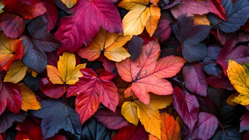 Colorful layered autumn leaves in red, orange and yellow.
