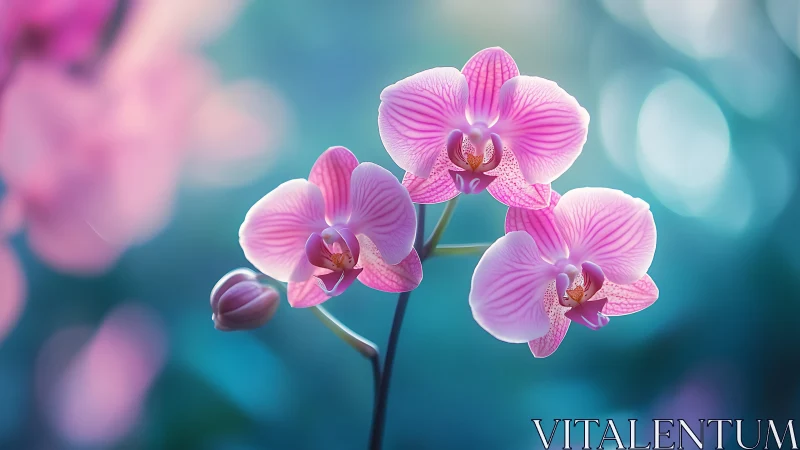 Pink Orchids Bloom Against Turquoise Bokeh.