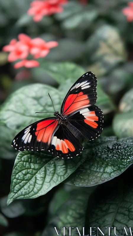 Butterfly with red banded wings rests on textured foliage