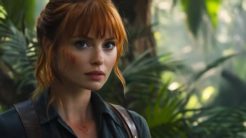 Red haired explorer with scratches in dense jungle setting.