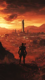 Lone traveler gazes toward a glowing sci fi desert cityscape.