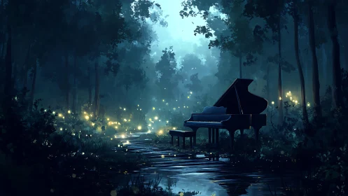 Midnight fireflies crown a lone piano in a dreaming forest