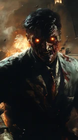 Zombie-like suited figure advances amid contained explosion