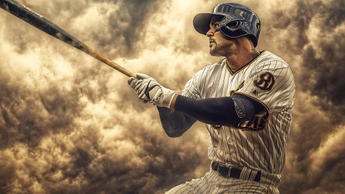 Baseball hitter in dramatic swing against stormy cloud backdrop