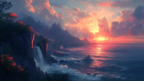 Coastal mountain shoreline receives low sun over calm sea