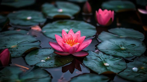 Pink water lily bloom surrounded by green aquatic vegetation.