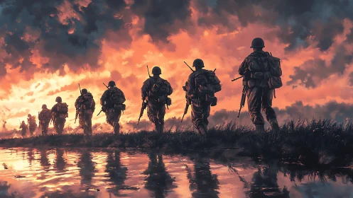 Marching soldiers at fiery dawn over mirrored wetlands.