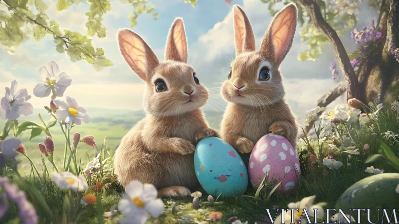 Springlight conspirators cradle pastel eggs in meadow bloom