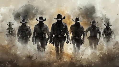 Cowboy posse strides forward through dusty western haze.