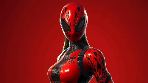 Red masked female superhero rendered in stylized 3D