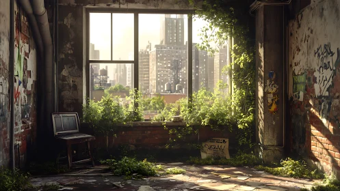 Abandoned city room overgrown with plants and sunlight.