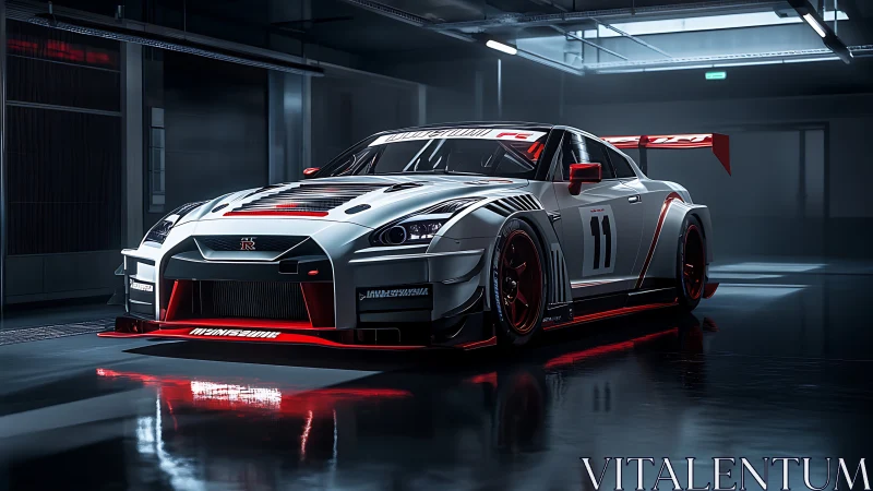 GT race car waits aggressively in glossy underground garage