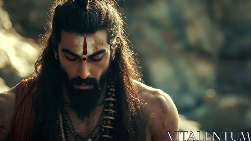 Meditative ascetic with tilak under warm cinematic light.