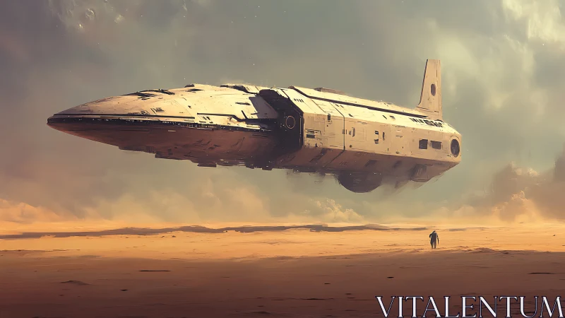 Massive starship hovering above lone desert explorer.