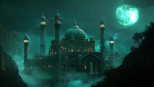 Luminous moonlit palace with domes and minarets in misty nightscape.