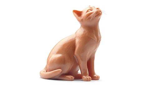 Glossy peach 3D cat sculpture posed in upward gaze.