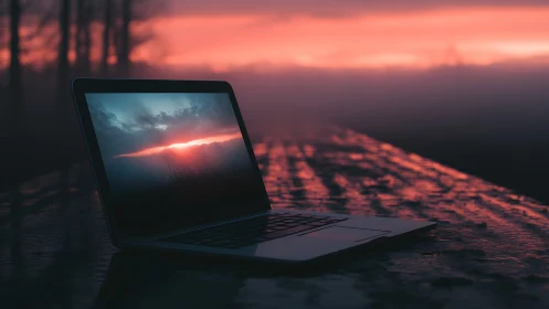 Laptop resting in dreamy sunset glow on a misty table.