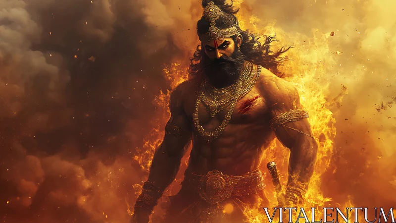 Fire-forged warrior king strides through the storm of embers.