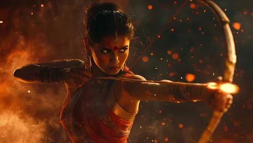 Warrior archer in ember haze holds drawn bow with intense focus