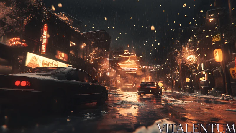 Neon storm chase through a rain-slicked winter city street.