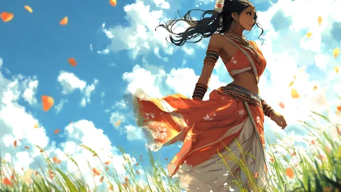 Wind-swept woman in orange drapery crossing sunlit meadow.