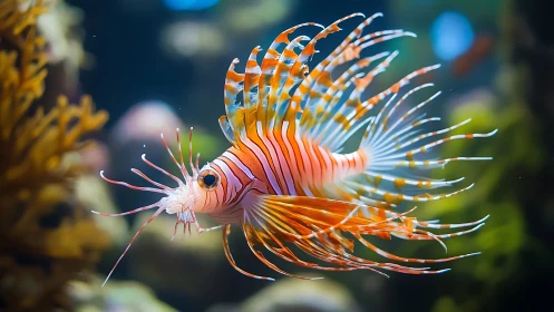 Graceful lionfish glides through a colorful coral reef world