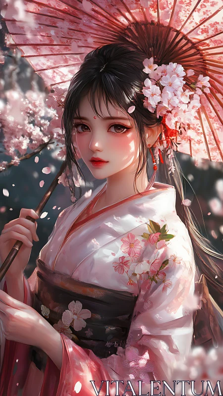 Kimono-clad maiden beneath sakura parasol in soft bloom light