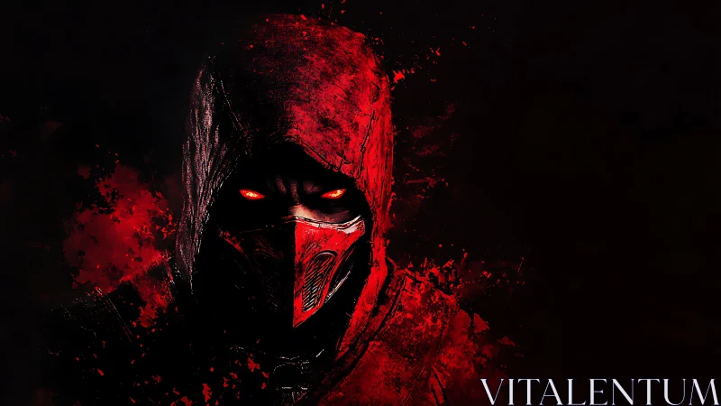 Digital painting of red‑hooded masked rogue in chiaroscuro focus.