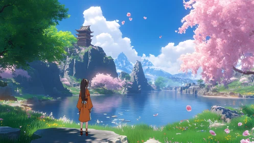 Serene lakeside heroine before cliffs, blossoms, and pagoda.
