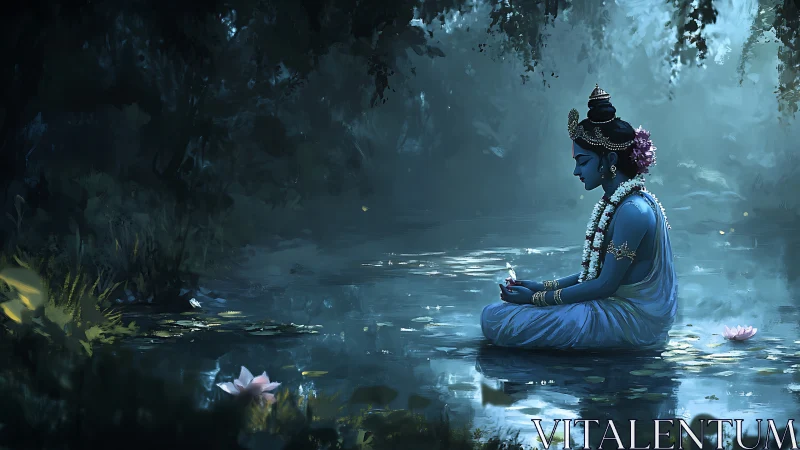 Blue-skinned deity meditates beside moonlit forest pond