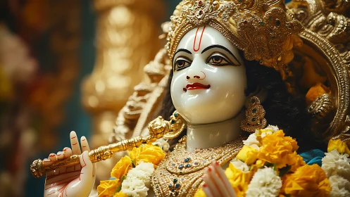 Ornate Hindu deity statue with floral garlands and gold.