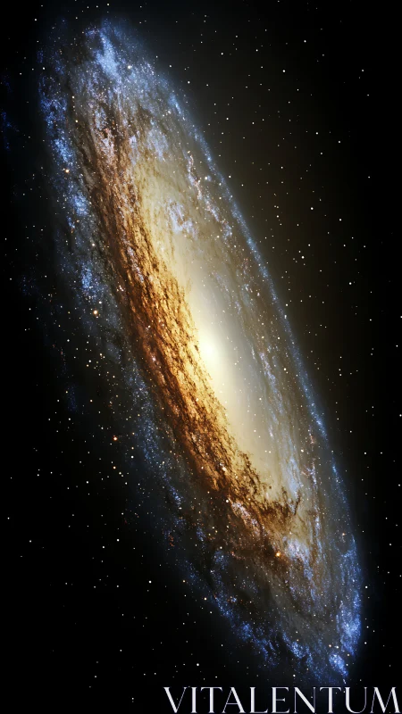 Spiral galaxy rendered at oblique angle in deep black space