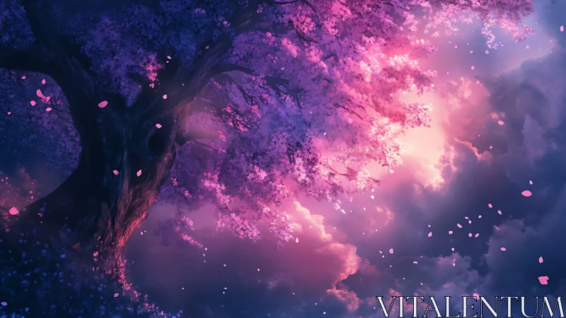 Blossoming tree canopy against luminous clouded sky.