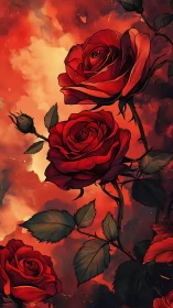 Blazing Roses in Fiery Skies. Digital Fantasy Floral.
