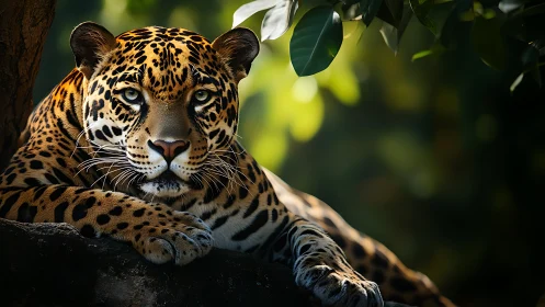 Resting jaguar on tree ledge under soft forest light.