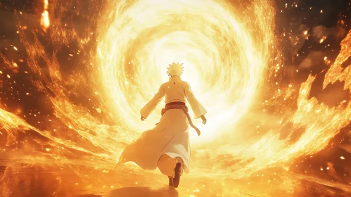 Figure walks toward circular vortex of intense golden fire