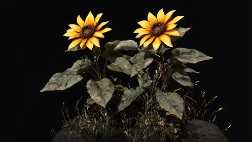 Two Sunflowers Blooming in Darkness.