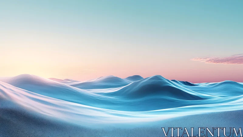 Digital pastel landscape of smooth blue sand dunes.