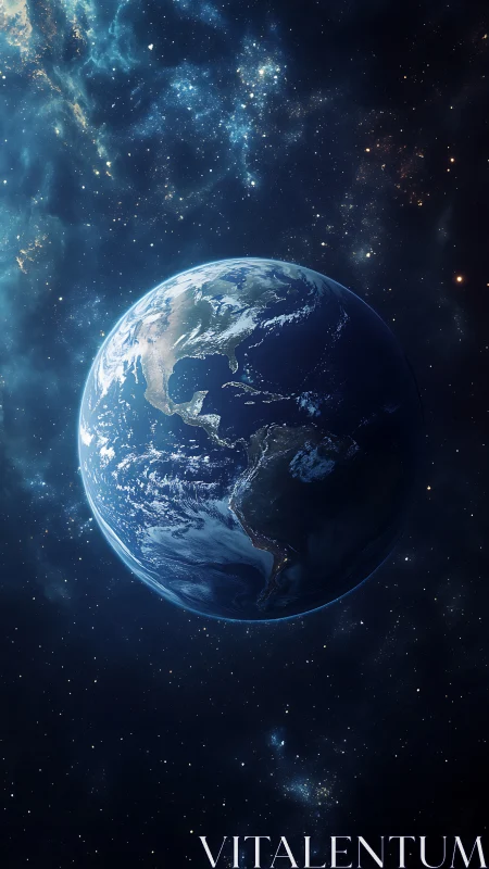 Earth in deep space with visible Americas and star field.