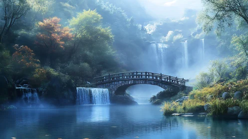Stone bridge over misty waterfalls in forest landscape.