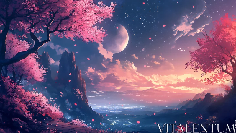 Night landscape shows crescent moon above valley and blossoms