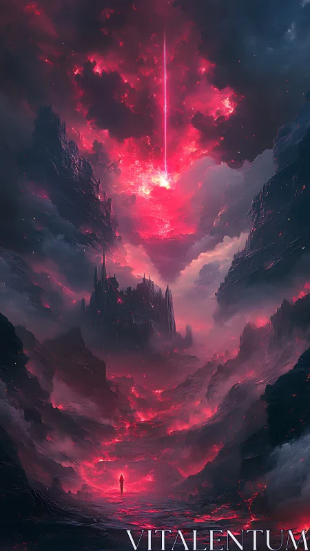 Crimson Rift Pilgrim beneath a Falling Starstorm Sky.